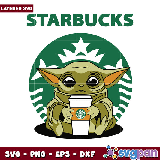 Starbucks themed Baby Yoda SVG design for coffee lovers, perfect for crafts and projects