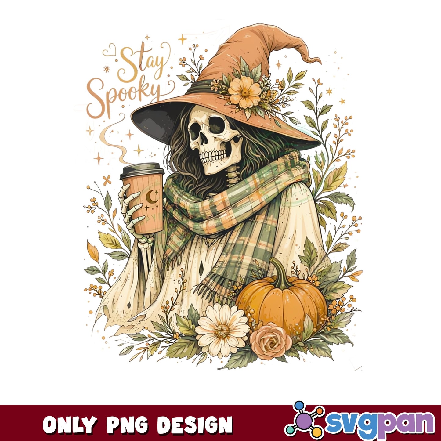 Stay Spooky Skeleton Witch PNG, Halloween Fall PNG, Boho PNG