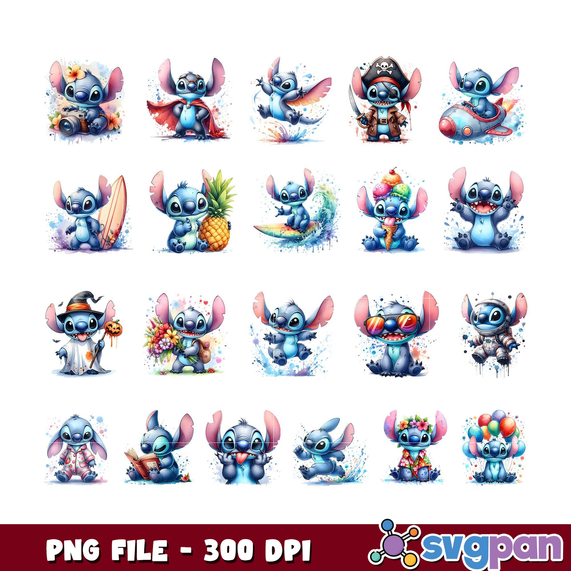 Stitch PNG Bundle 20 Cute Watercolor Designs