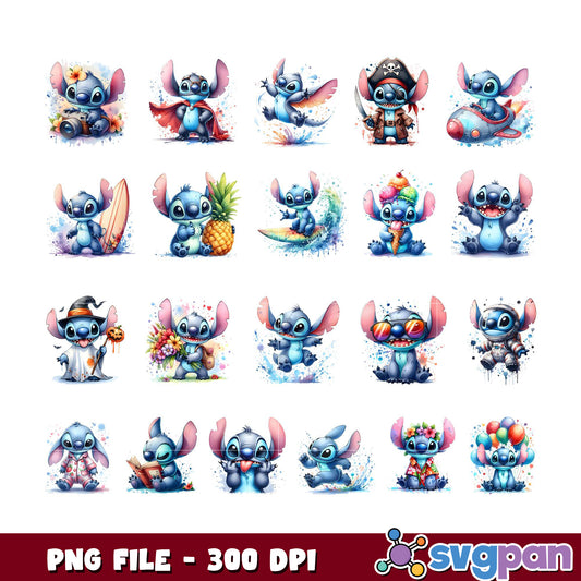 Stitch PNG Bundle 20 Cute Watercolor Designs