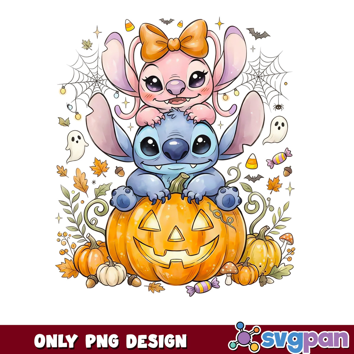 Stitch And Angel Halloween PNG, Pumpkin Ghost Disney, Spooky PNG