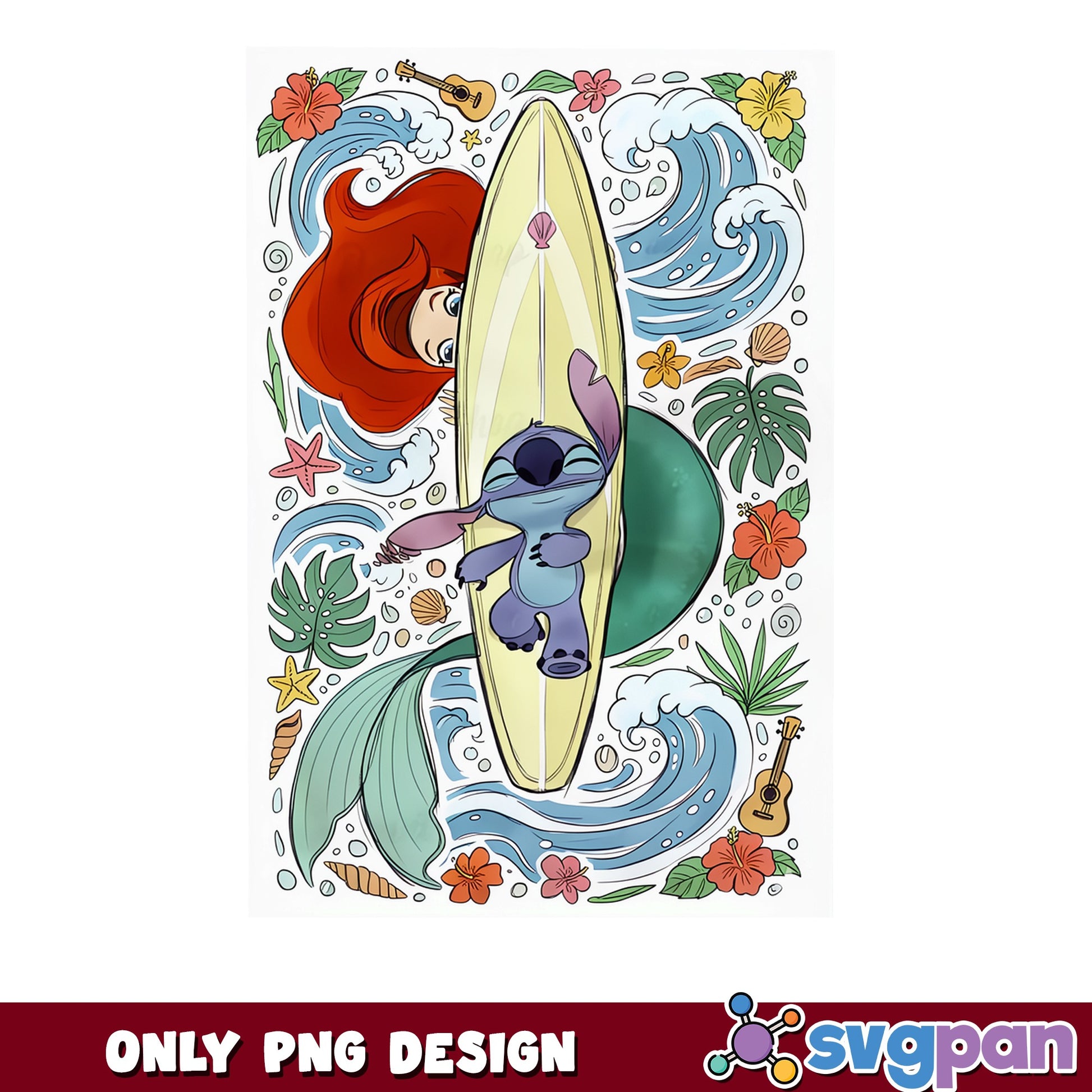 Stitch And Ariel Surfing Summer PNG, Disney PNG, Little Mermaid PNG