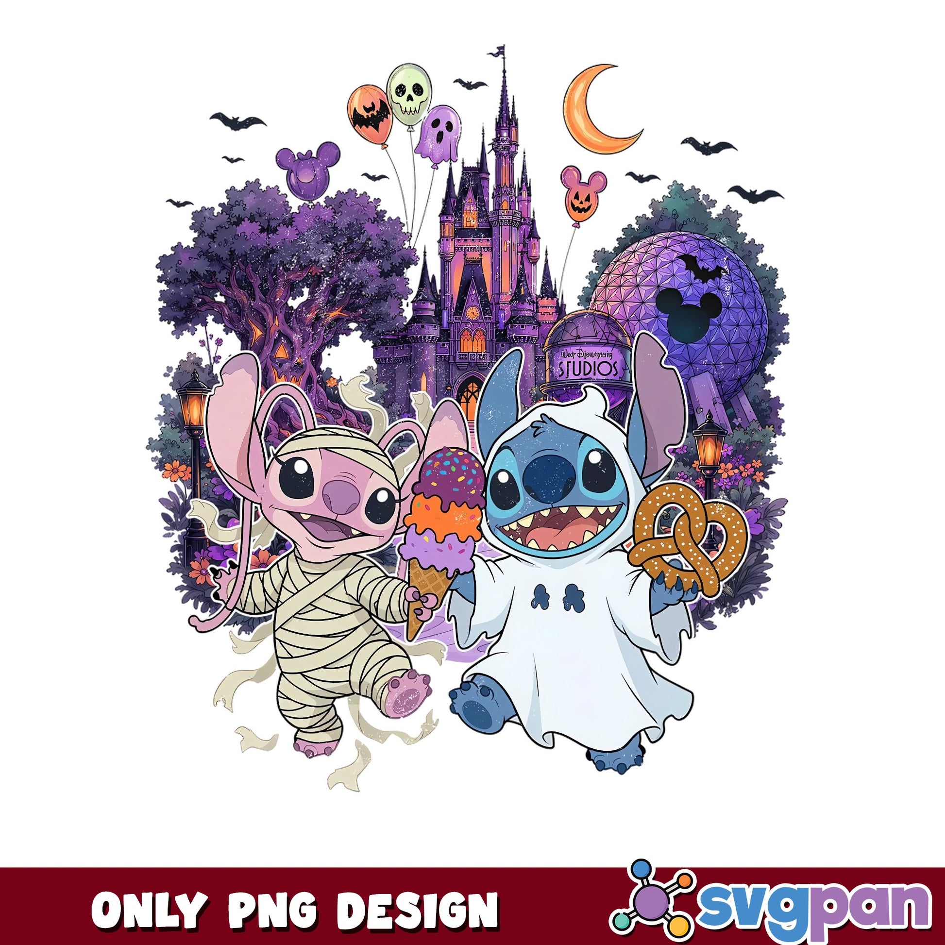 Stitch Angel Mummy Ghost Disney Halloween Park PNG, Castle Bats, PNG