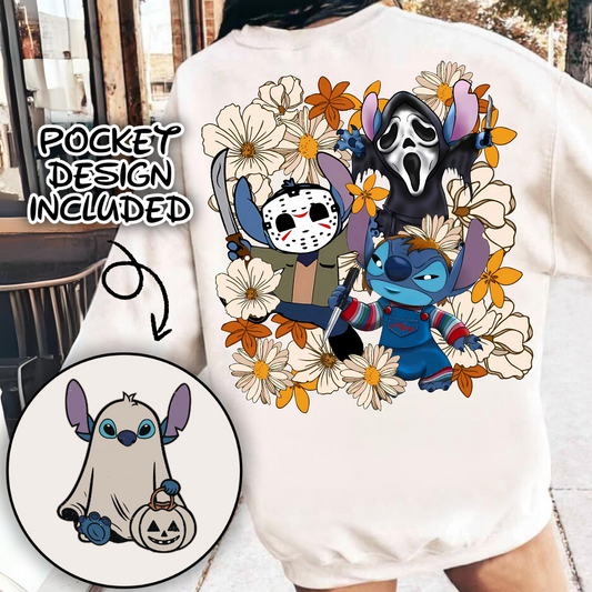 Stitch scary characters halloween design png, happy halloween png, halloween goose png