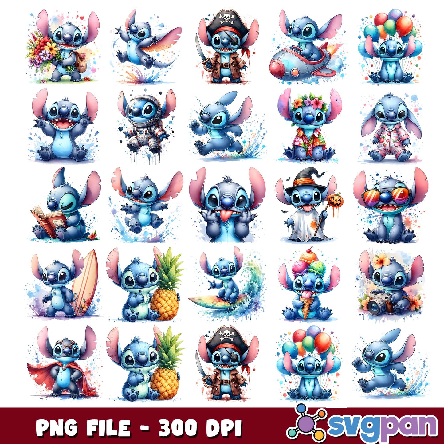 Stitch watercolor style png bundle