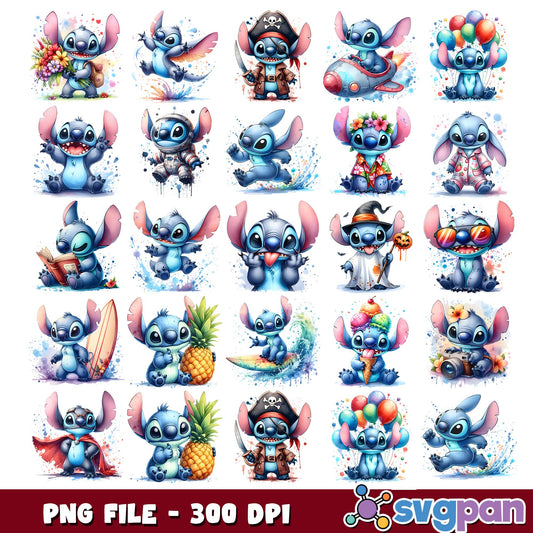 Stitch watercolor style png bundle