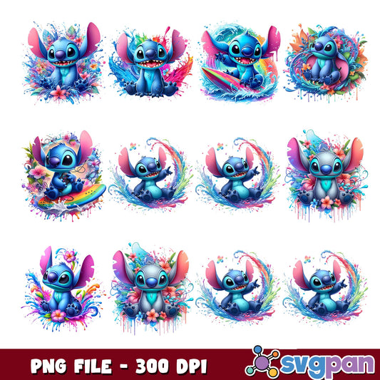 Stitch watercolor vibe png bundle