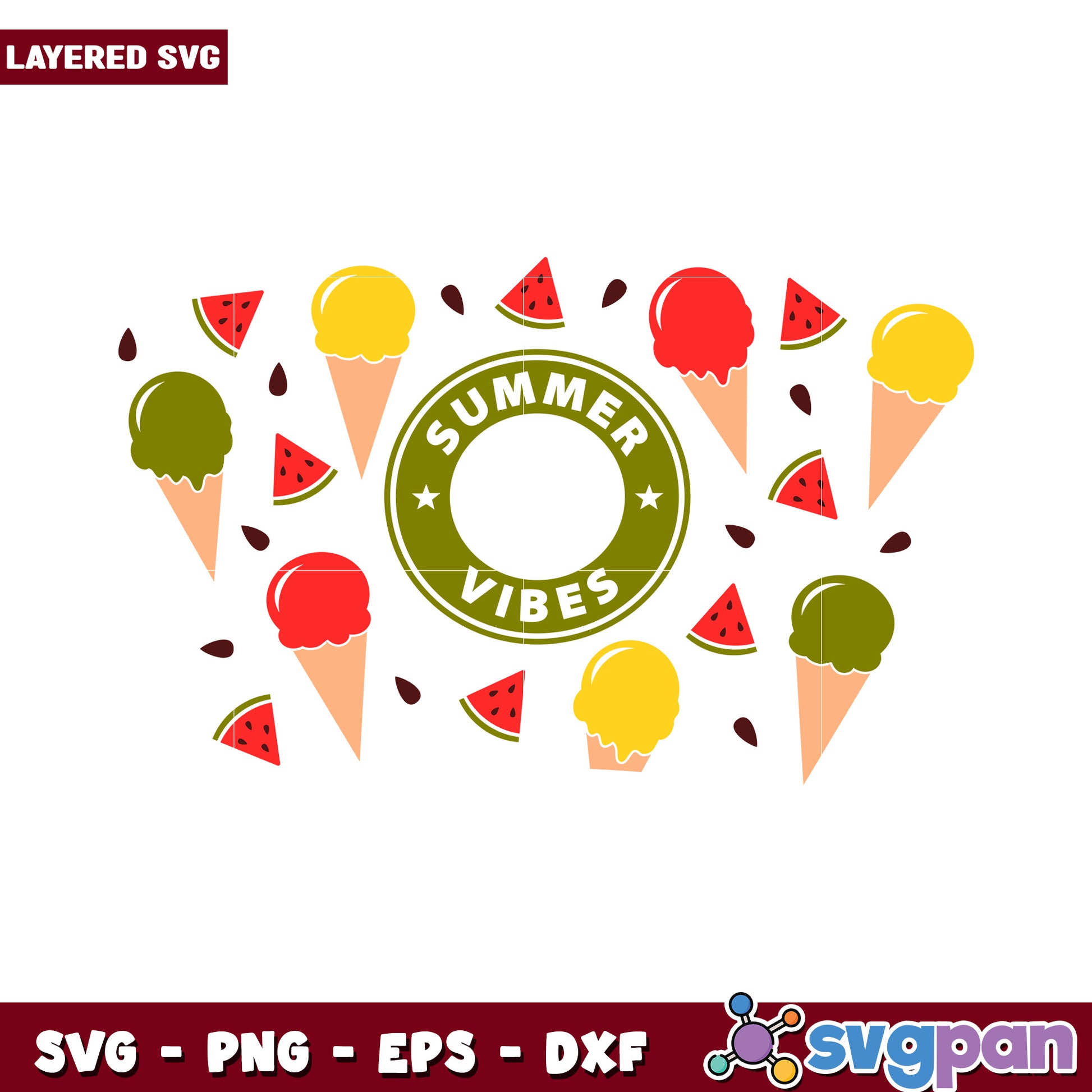 Summer Vibes Ice Cream SVG Design, Fun and Colorful Elements Include Watermelon