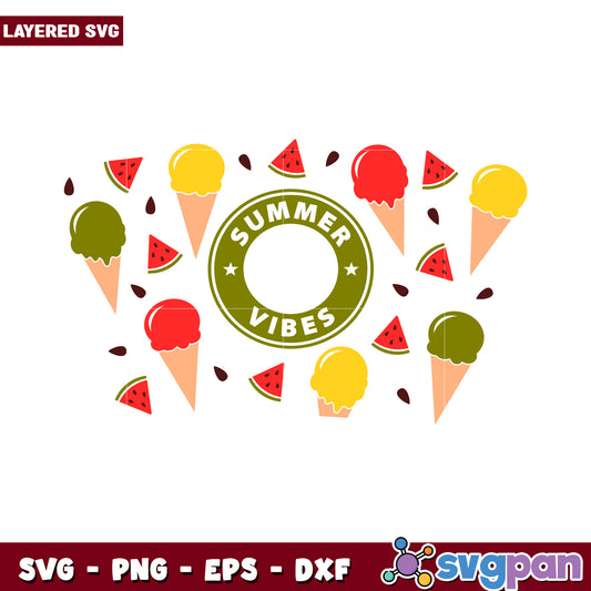 Summer Vibes Ice Cream SVG Design, Fun and Colorful Elements Include Watermelon