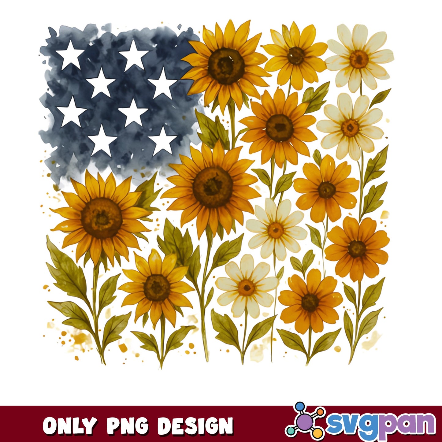 Sunflower American Flag PNG, 4th Of July PNG, Patriotic PNG