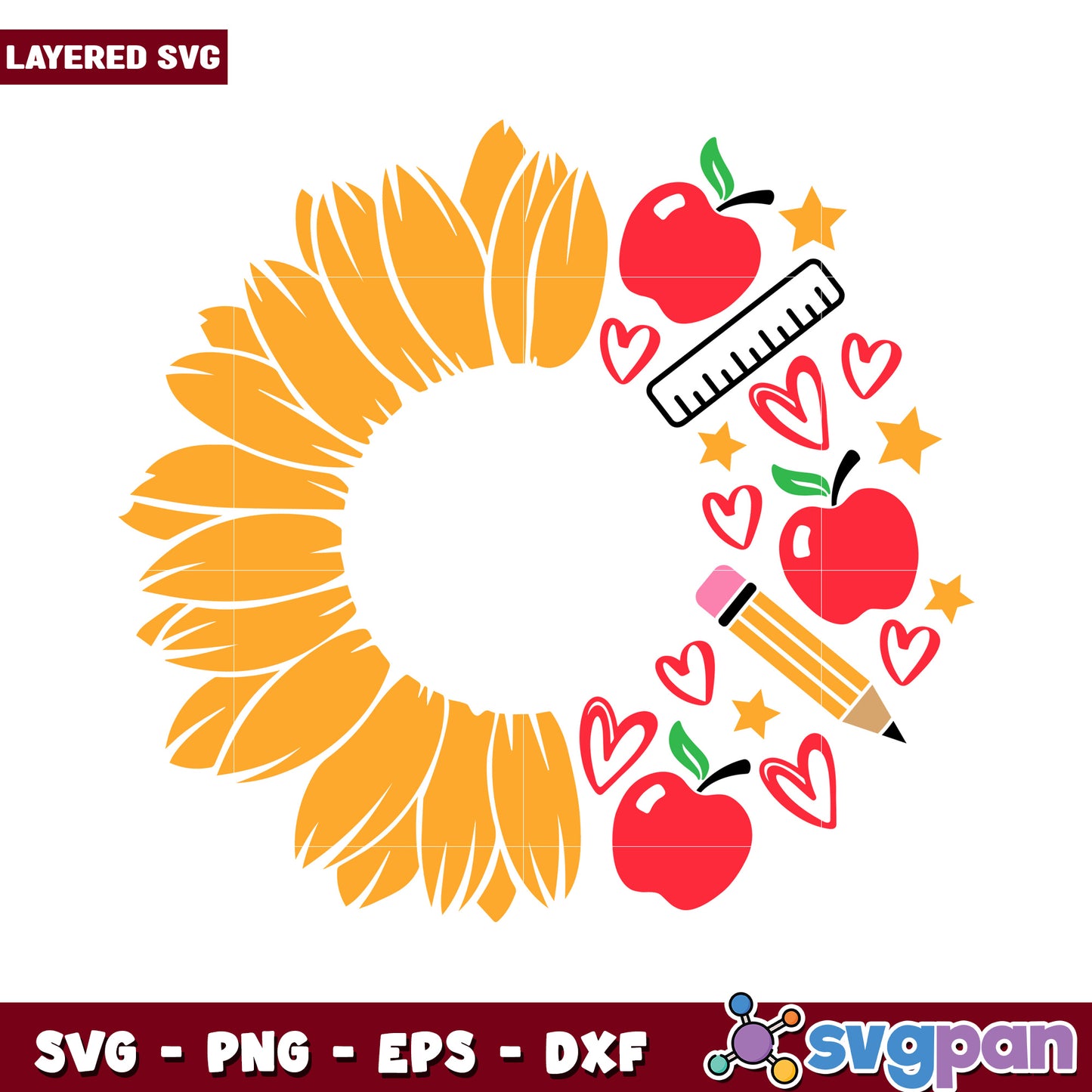 Sunflower wreath design with apples and school supplies, perfect for crafting projects.