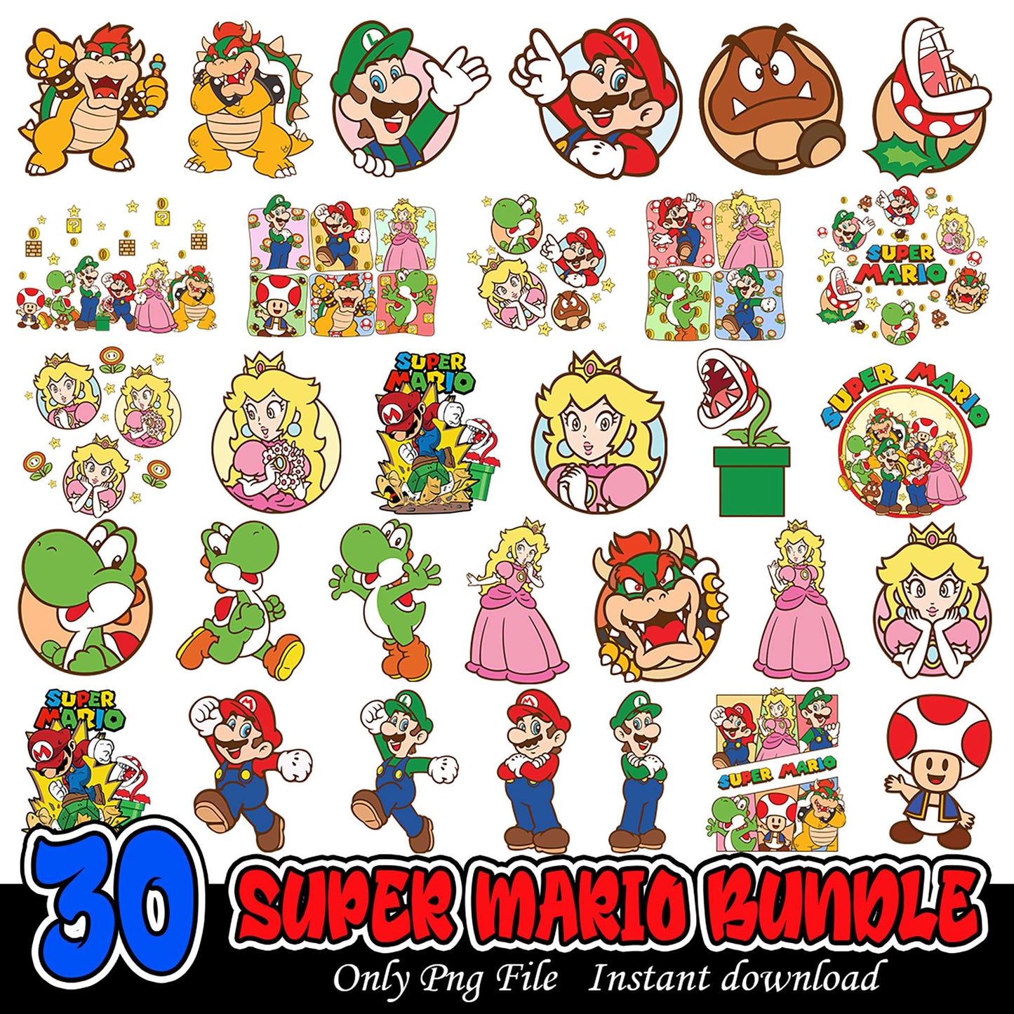 Super Mario Bundle 30 PNG Instant Download Clipart Set