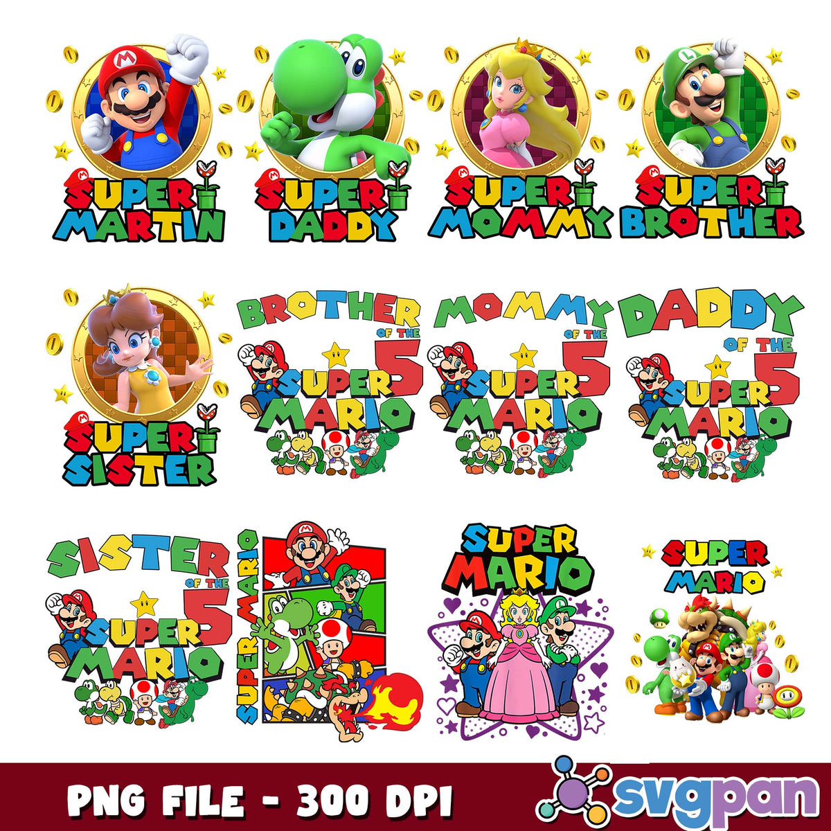 Super mario family design png bundle