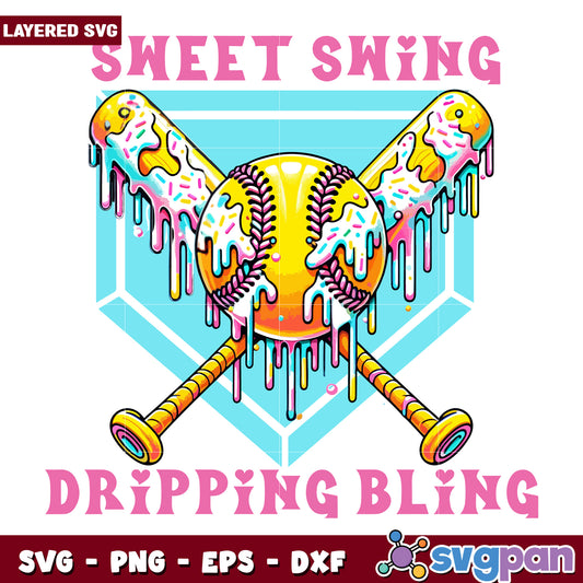 Sweet swing dripping bling svg, ice cream baseball svg, base ball drip svg