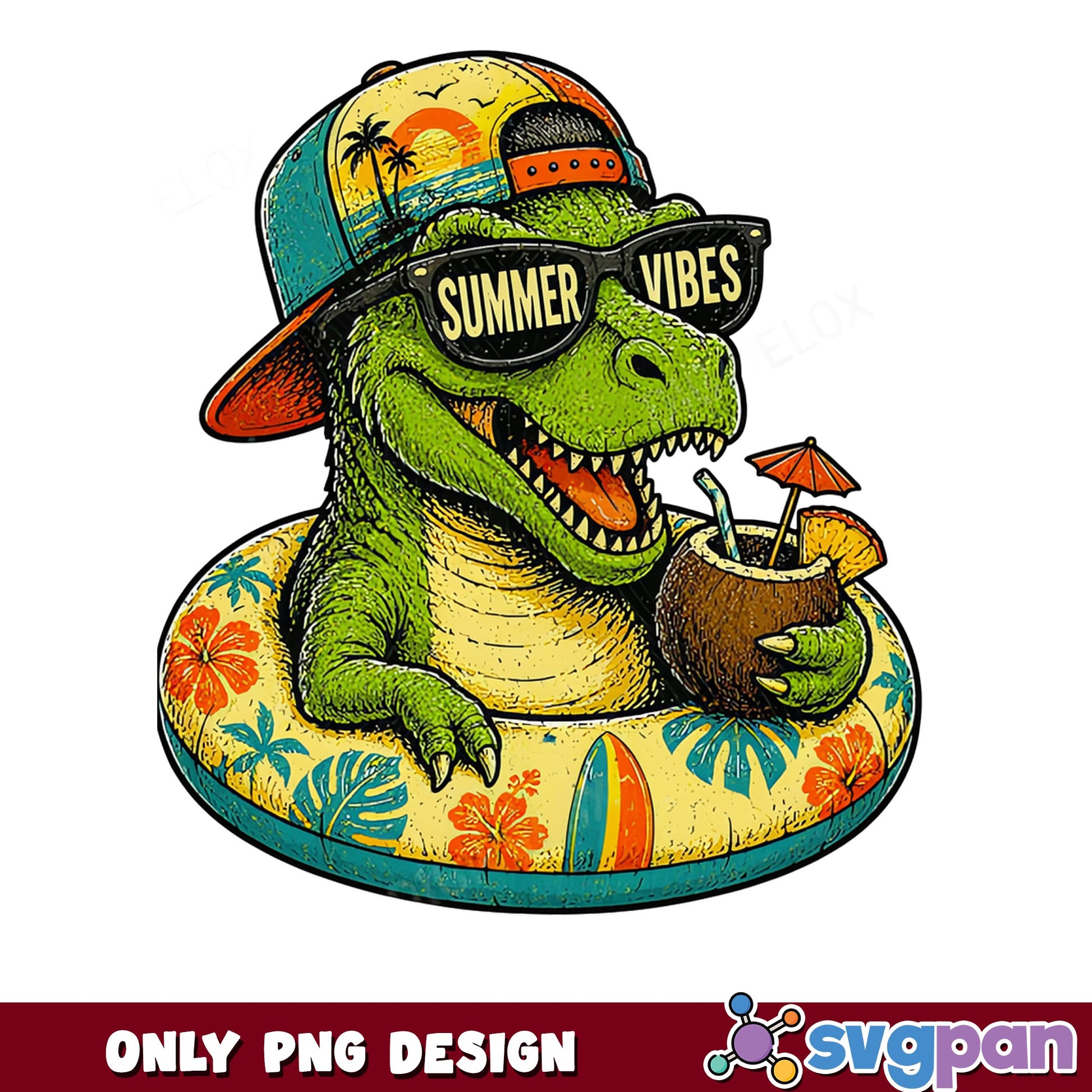 T-Rex Summer Vibes PNG, Dinosaur Beach Tropical PNG, Funny Dino PNG
