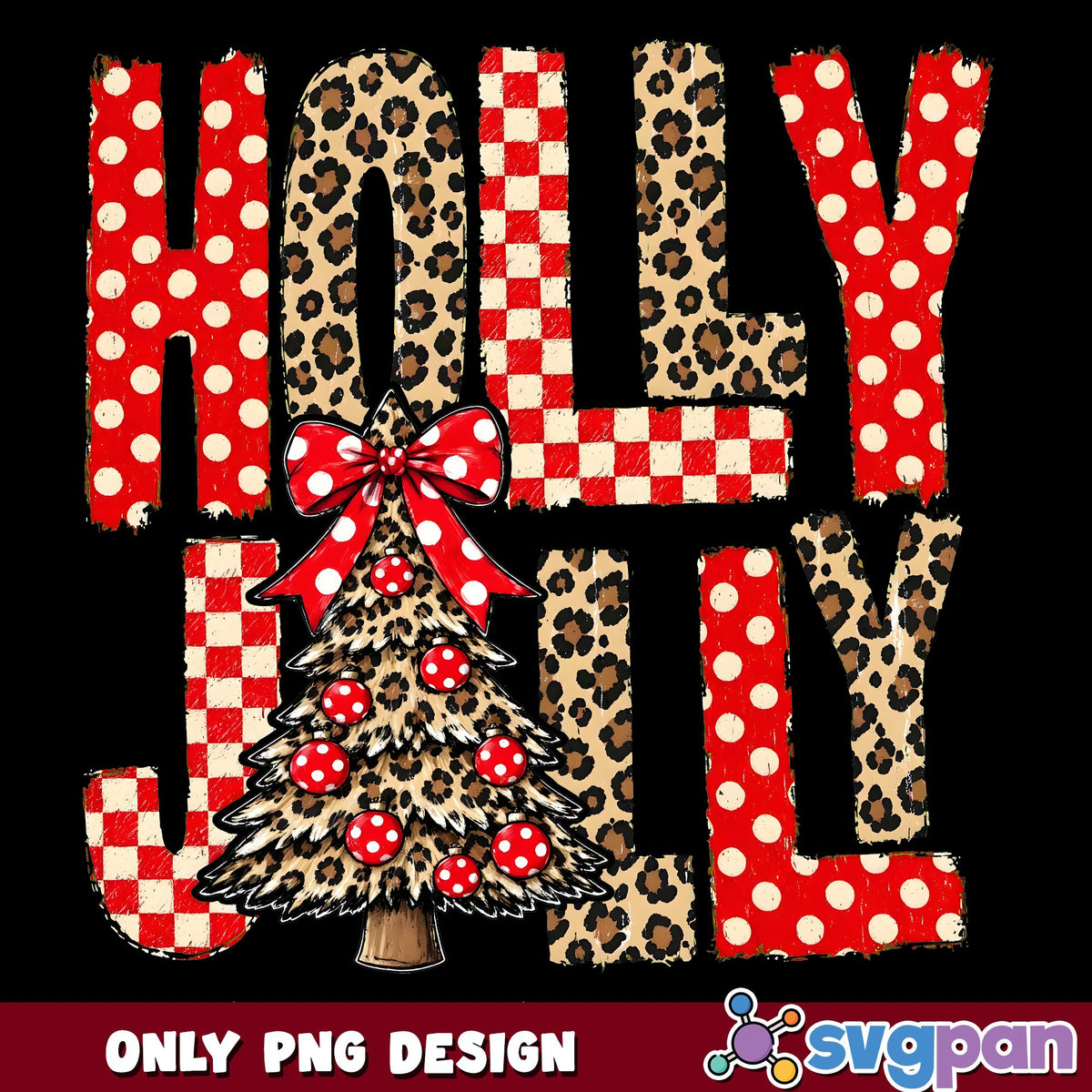 Holly Jolly Leopard Tree PNG, Red Polka Dot Bow PNG, Checkered PNG