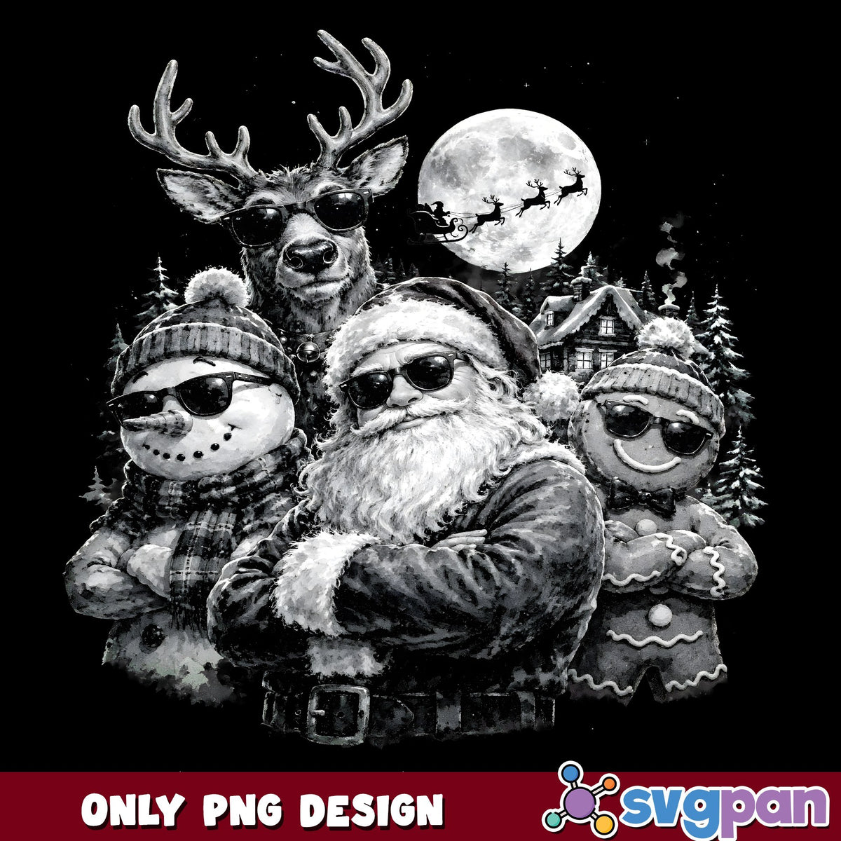 Cool Santa Squad Sunglasses PNG, Reindeer Snowman PNG, Gingerbread PNG