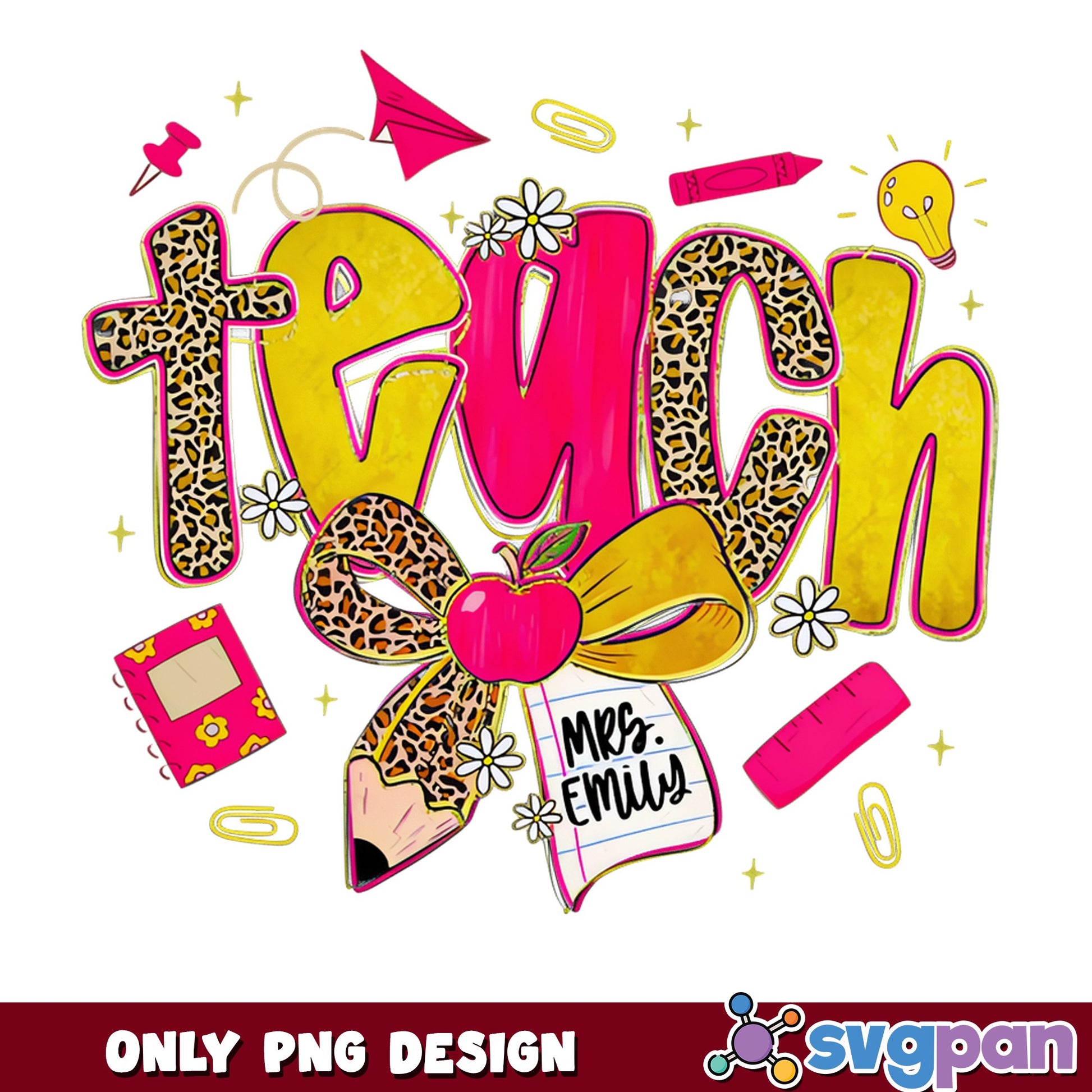 Teach Leopard Bow Teacher PNG, Back To School PNG, Teacher Gift PNG