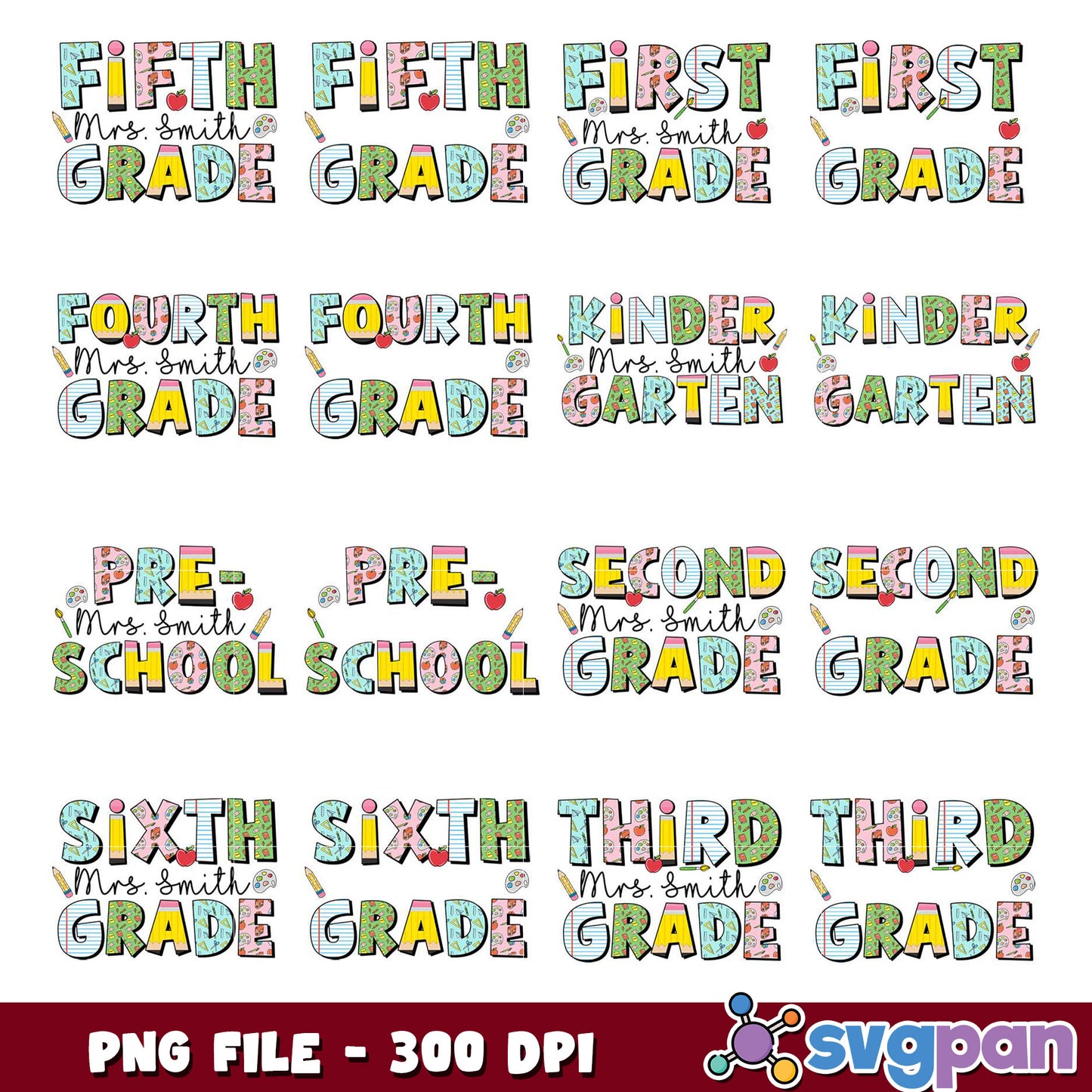 Teacher Grade PNG Bundle PreK-6th Grade