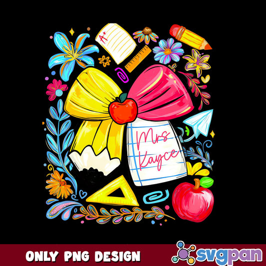 Teacher Pencil Bow Floral PNG, Back To School PNG, Teacher Gift PNG