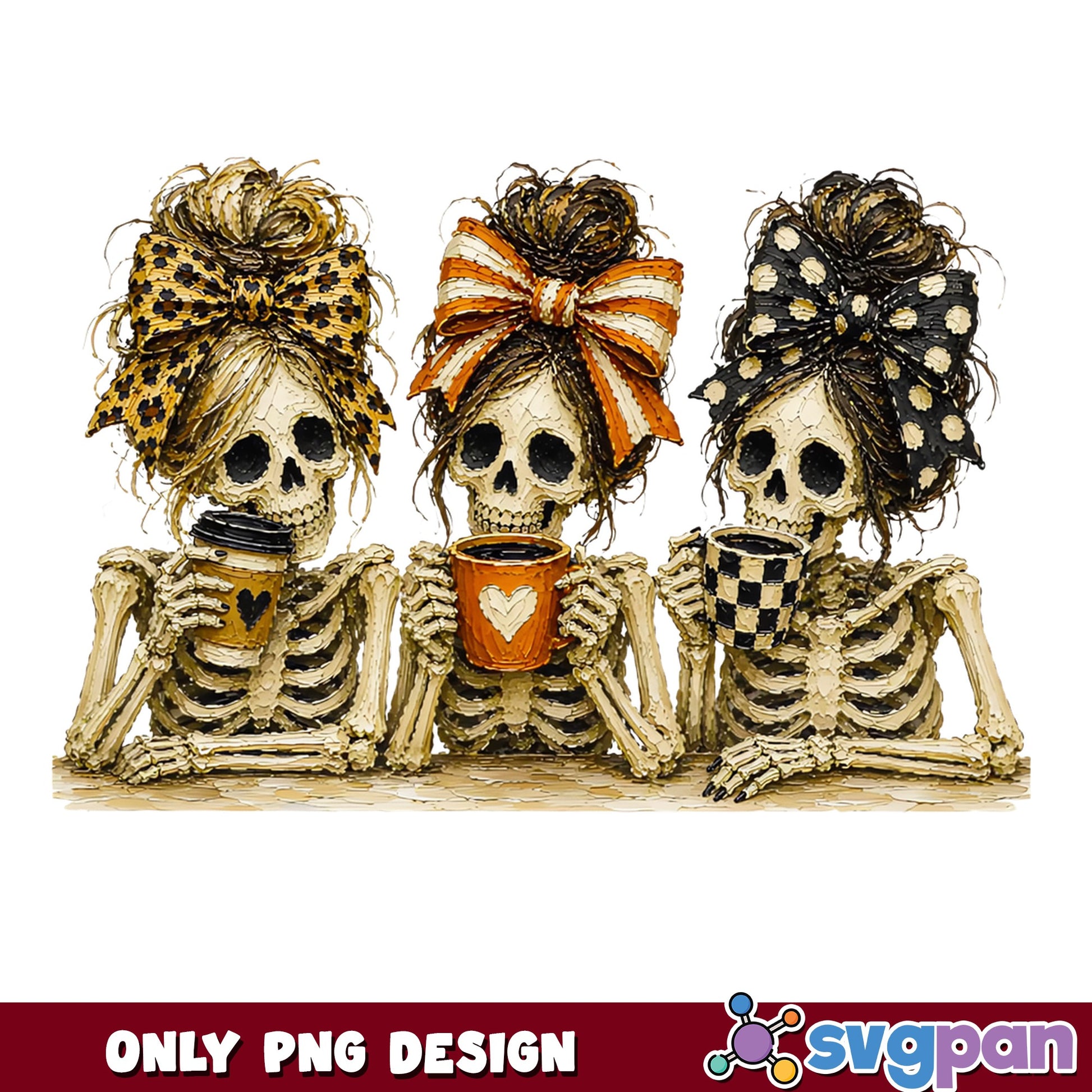 Three Skeleton Coffee Friends PNG, Halloween PNG, Messy Bun PNG