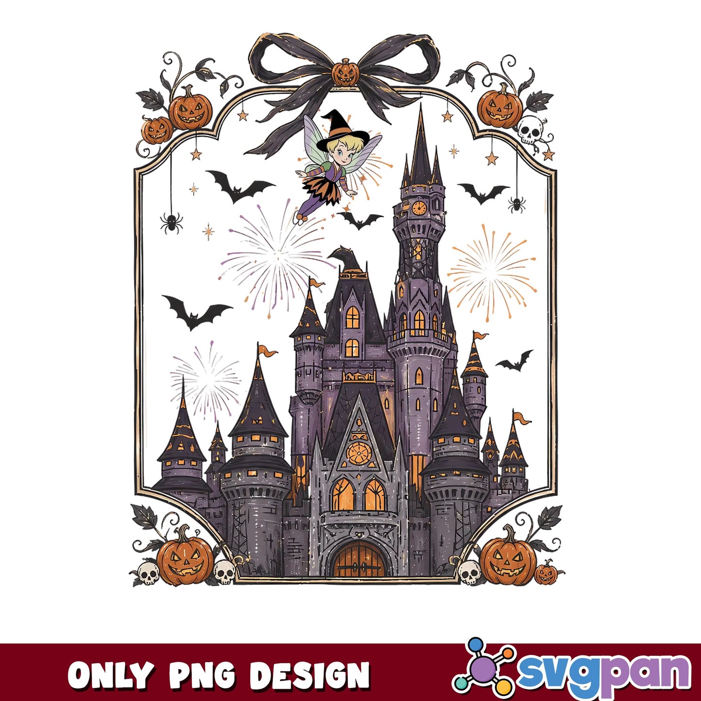 Tinker Bell Disney Castle Halloween Witch Fairy PNG, Pumpkin Bats, PNG