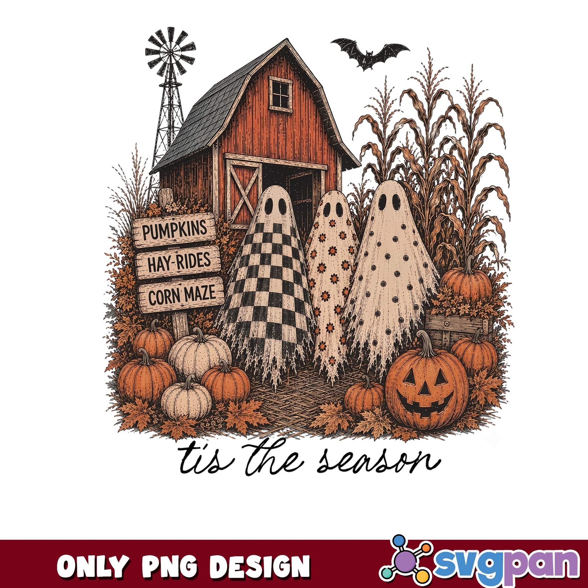 Tis The Season Halloween Ghost Farm PNG, Pumpkin PNG, Fall PNG