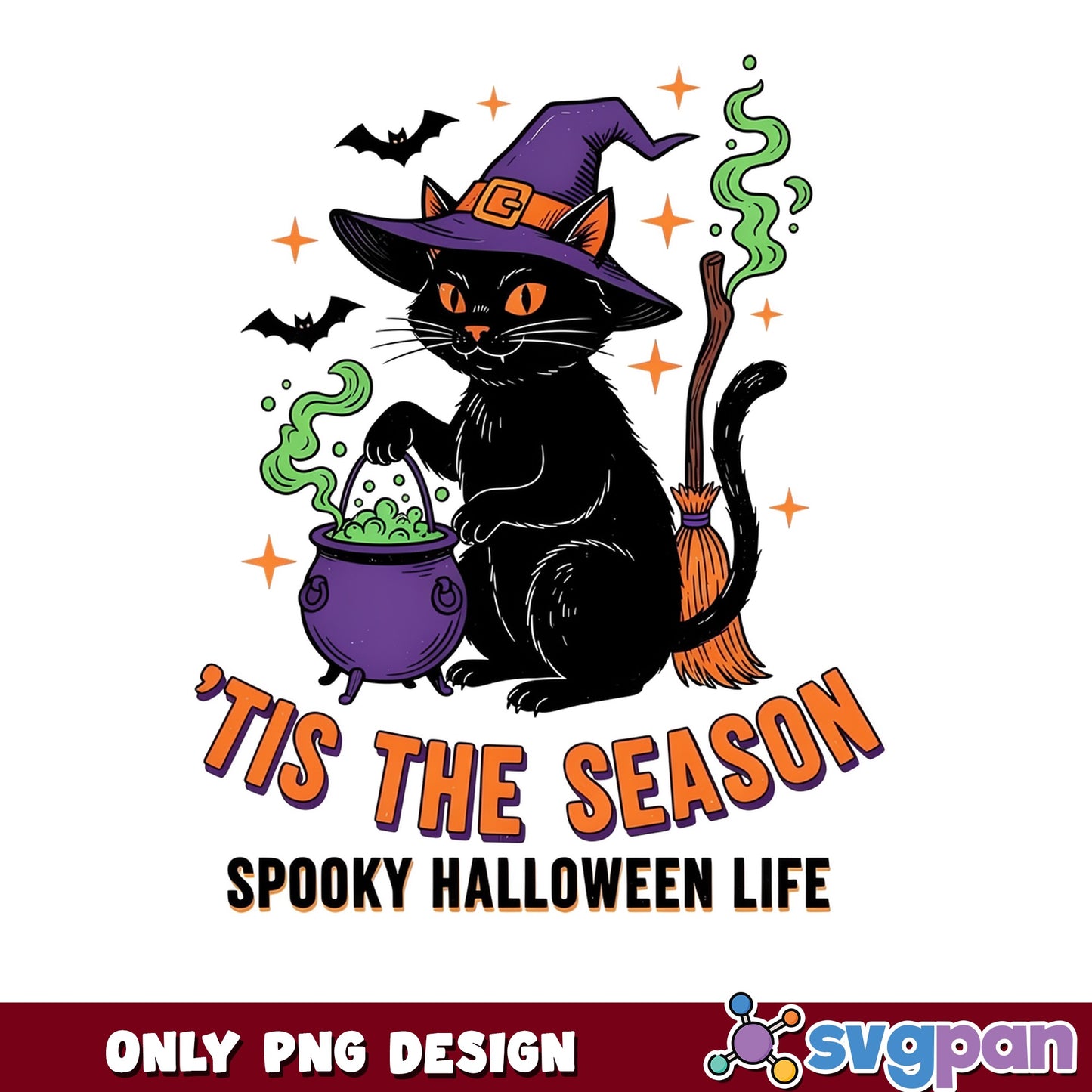 Tis The Season Spooky Halloween Black Cat, Witch Cat PNG, Halloween PNG