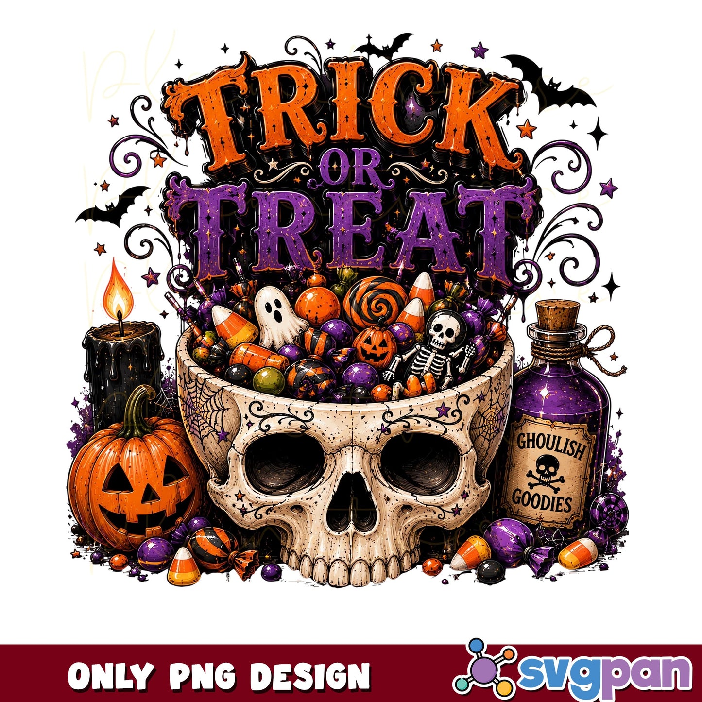 Trick Or Treat Halloween PNG, Skull Candy Bowl PNG, Spooky PNG