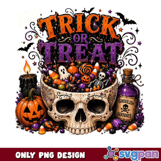 Trick Or Treat Halloween PNG, Skull Candy Bowl PNG, Spooky PNG