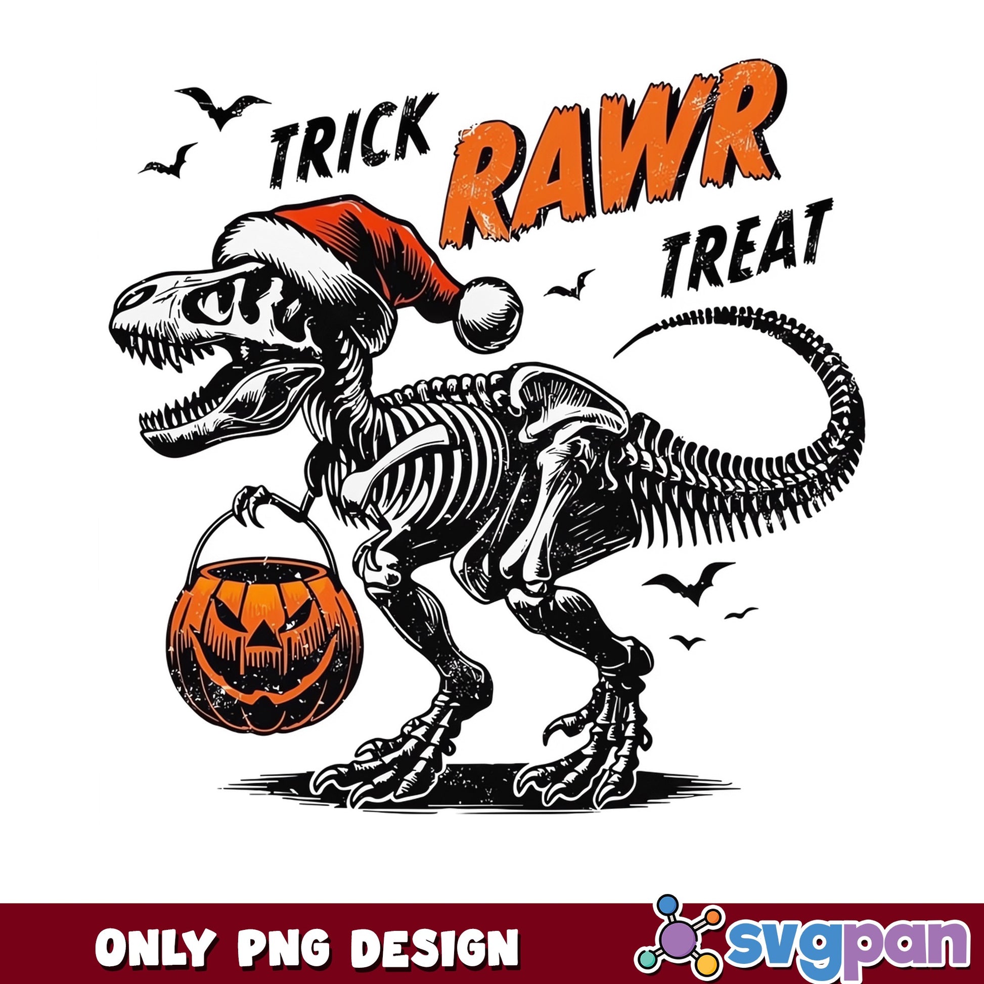 Trick Rawr Treat Dinosaur Skeleton PNG, Halloween PNG, T-Rex PNG