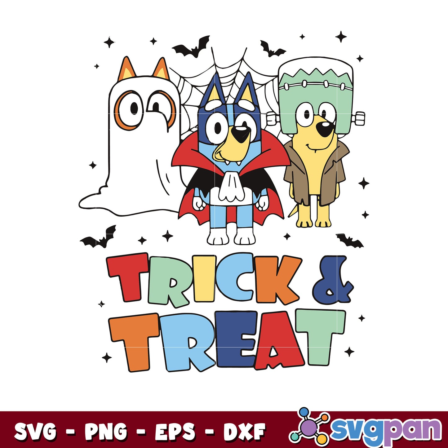 Trick or treat bluey and friends design svg file, halloween bluey​ svg