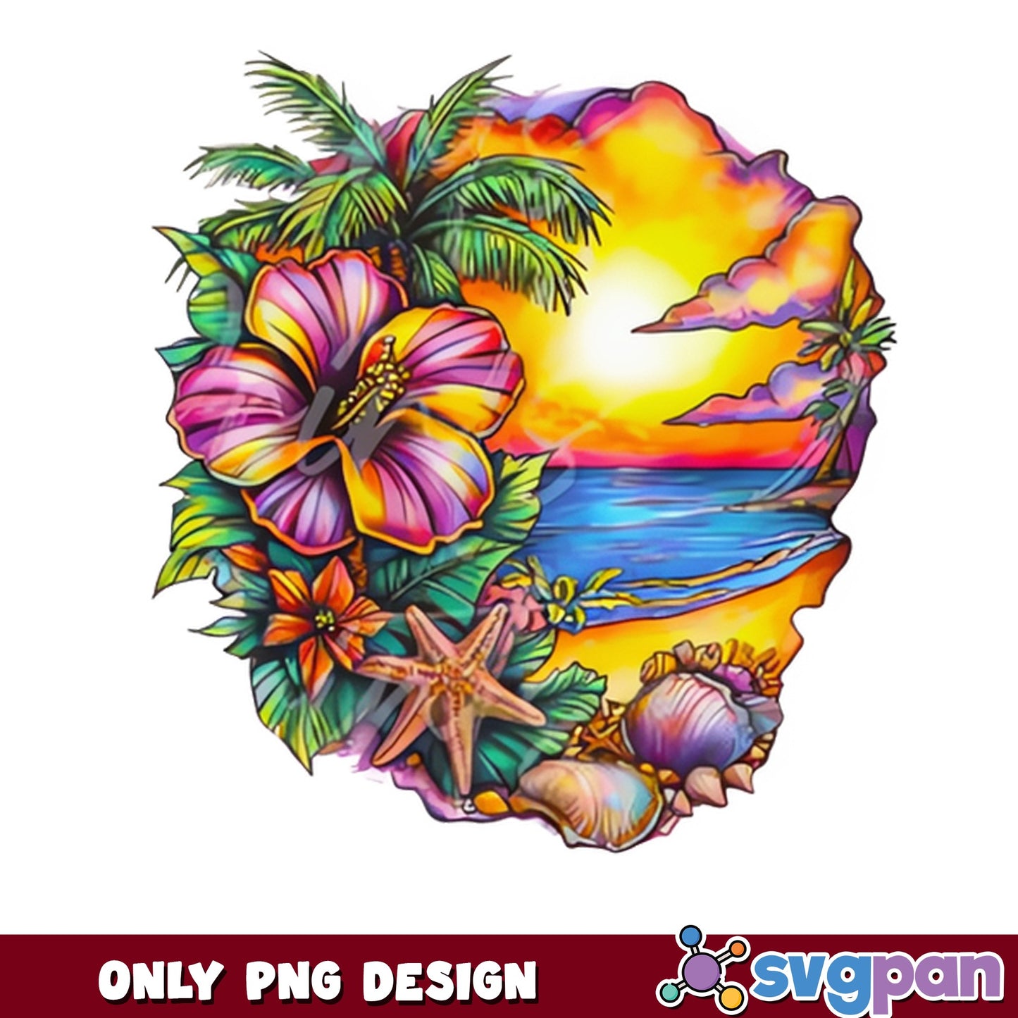 Tropical Beach Sunset PNG, Hibiscus Summer Vibes PNG, Beach Clipart PNG