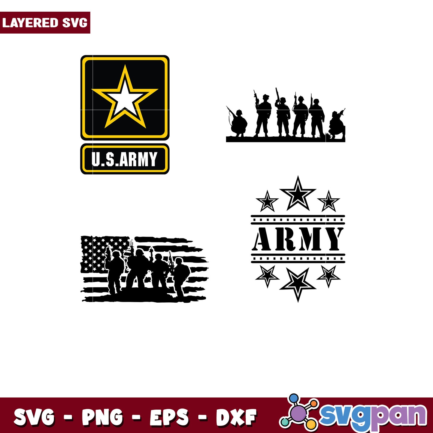 US Army SVG Bundle Soldier Silhouettes & Flag