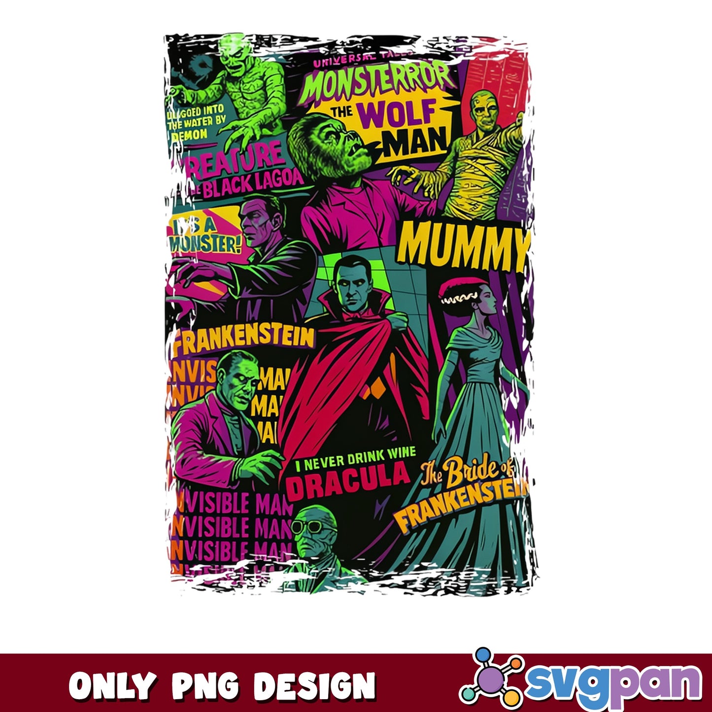 Universal Monsters Collage PNG, Halloween Horror PNG, Dracula Frankenstein PNG