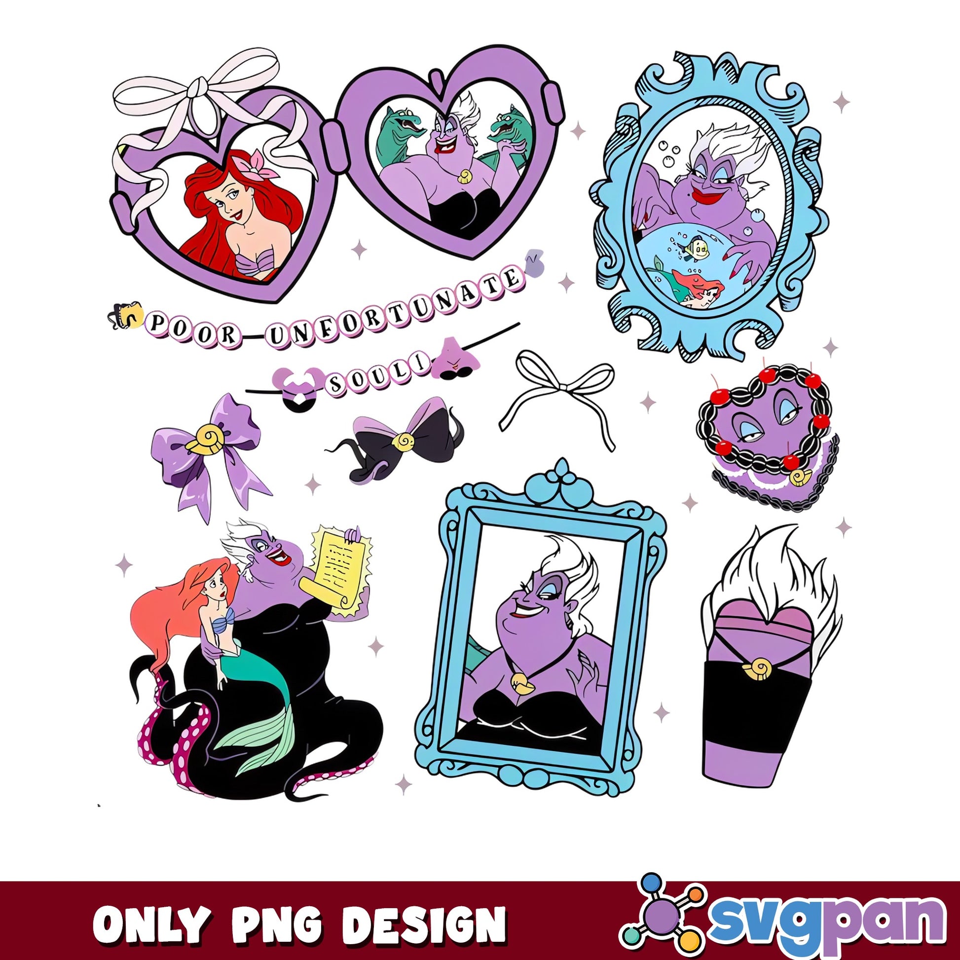 Ursula Little Mermaid Coquette Clipart Bundle PNG, Ariel Disney, PNG