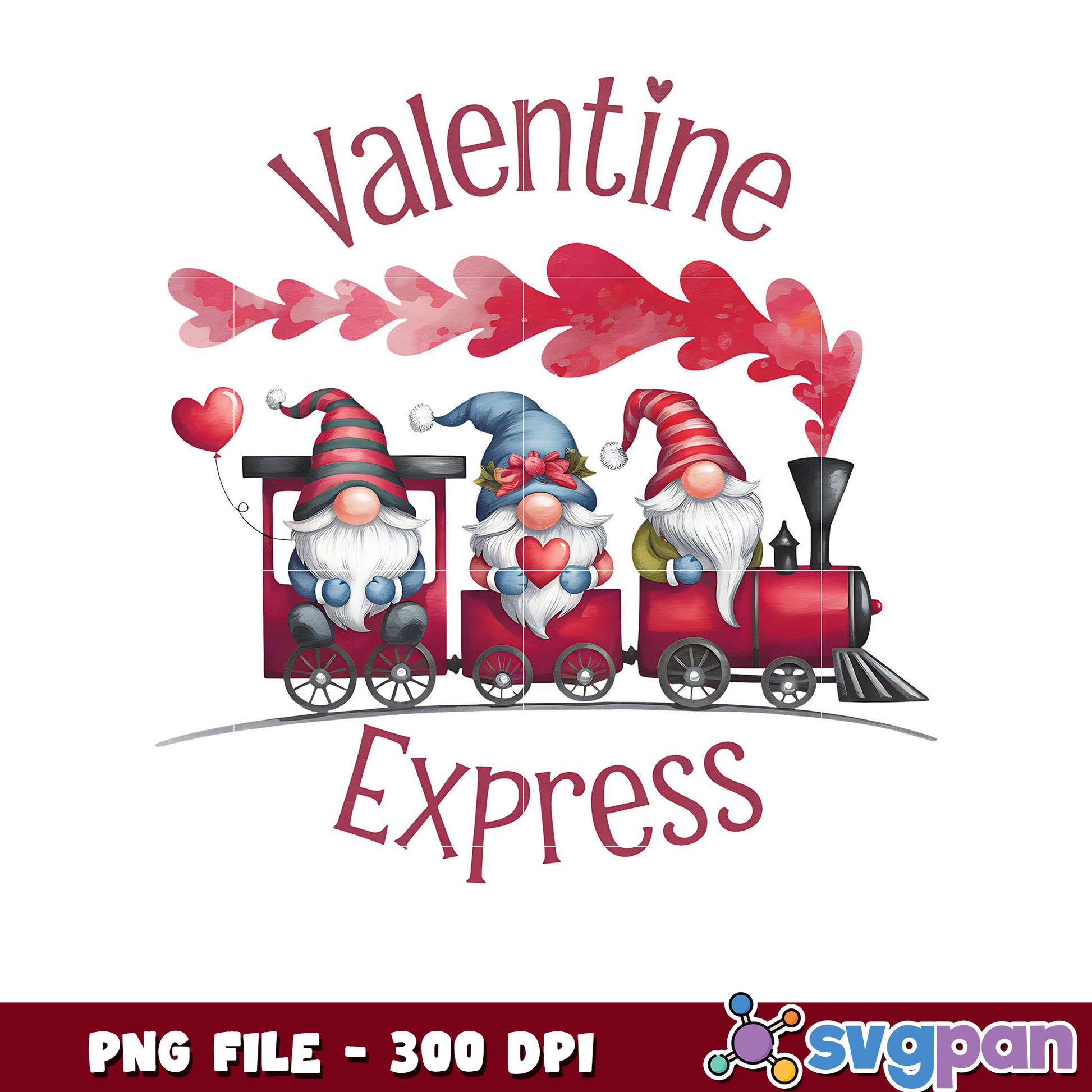 Valentine Express gnome train design for gifts, 300 DPI PNG file