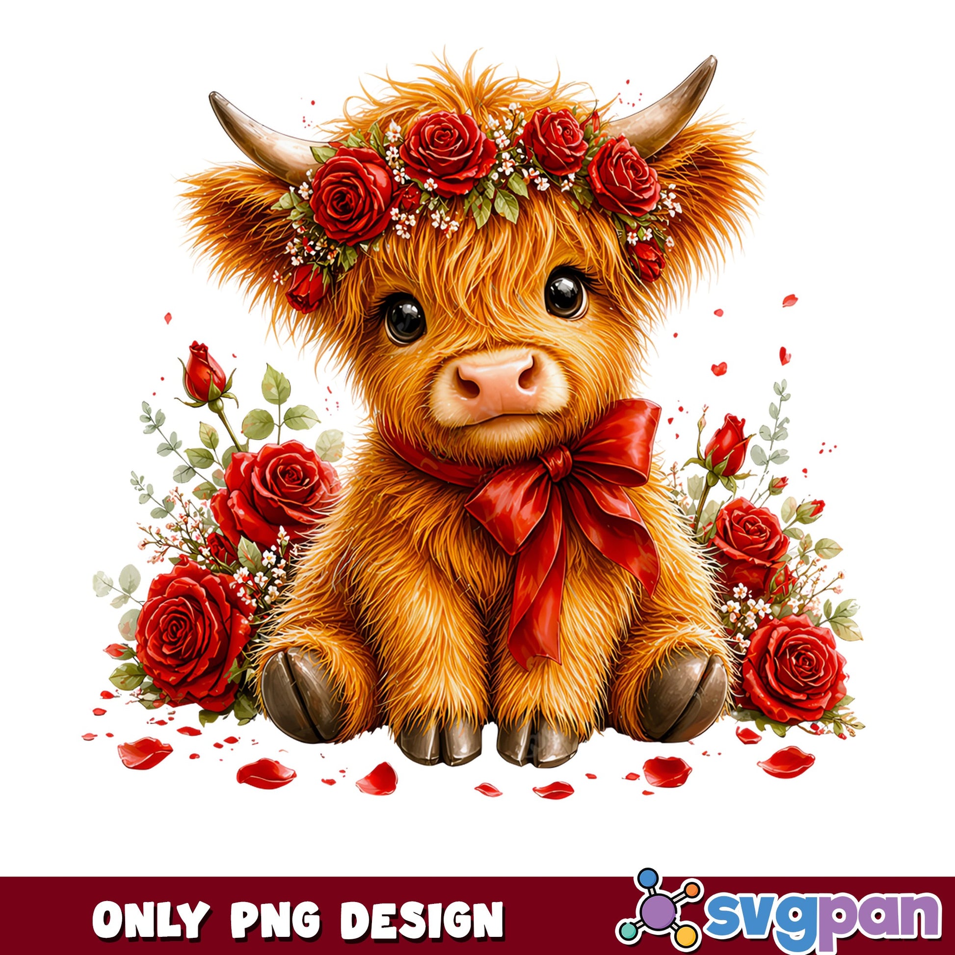 Valentine Highland Cow PNG, Cute Baby Cow With Roses PNG, Floral PNG