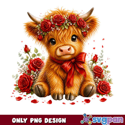 Valentine Highland Cow PNG, Cute Baby Cow With Roses PNG, Floral PNG