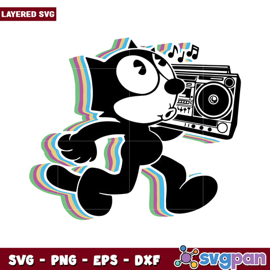 Vintage Black Cat Character Holding Boombox Design, Versatile Layered SVG File