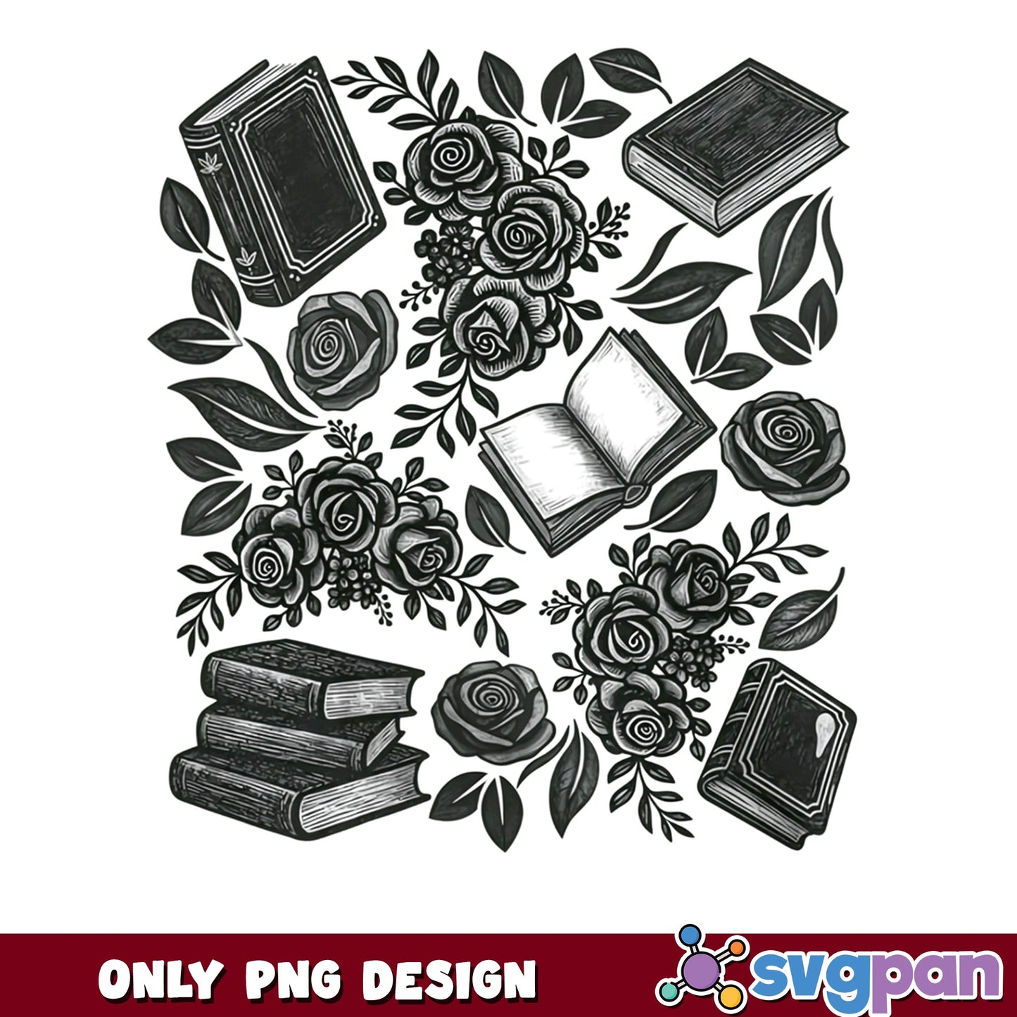 Vintage Books And Roses PNG, Floral Bookish PNG, Reader PNG