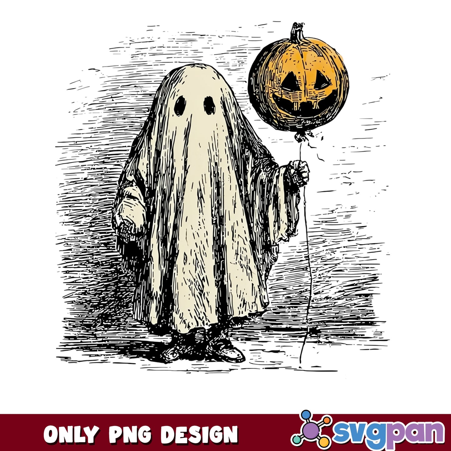 Vintage Ghost Pumpkin Balloon Halloween PNG, Retro Ghost PNG