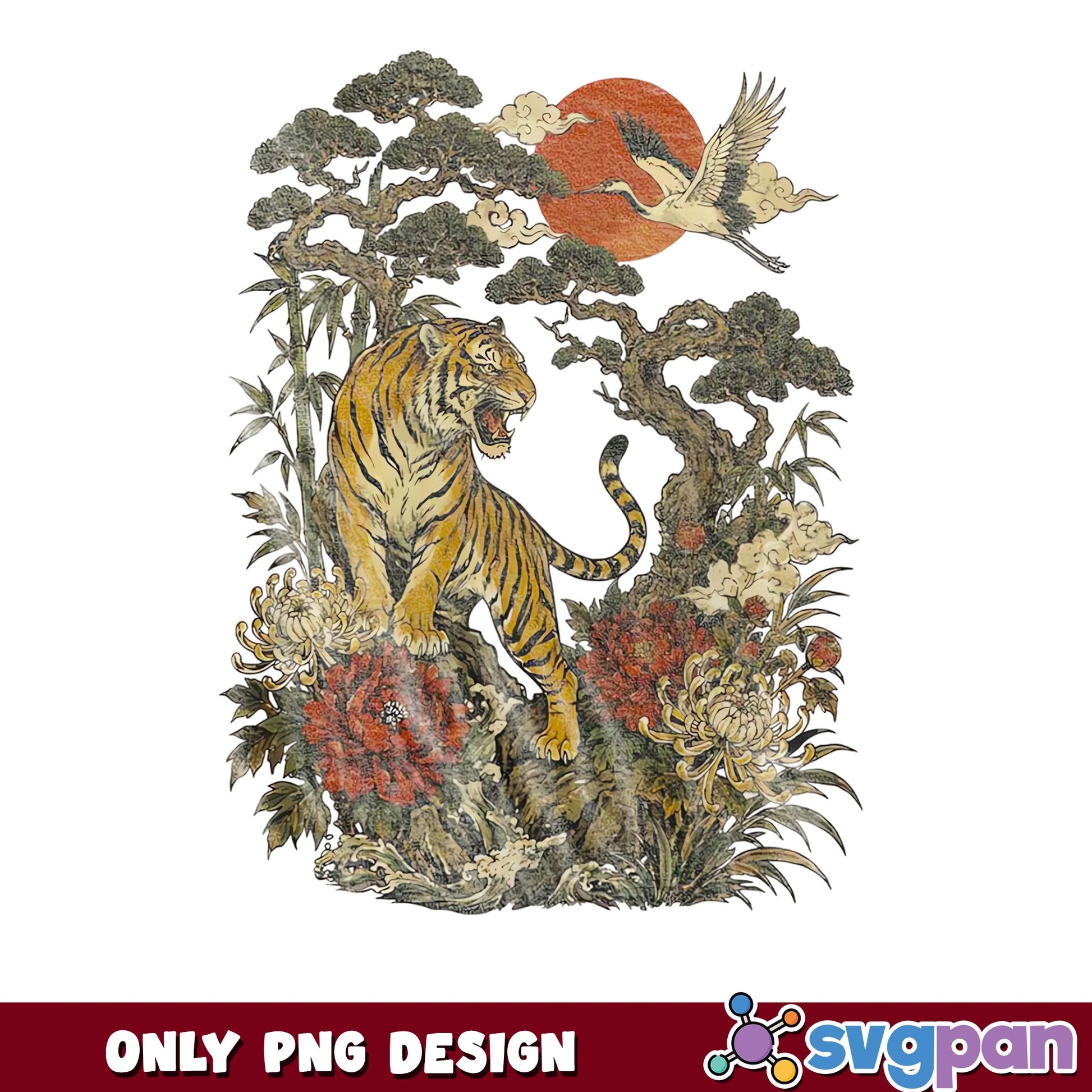 Vintage Tiger Japanese Art PNG, Crane Red Sun Design, Floral Asian PNG