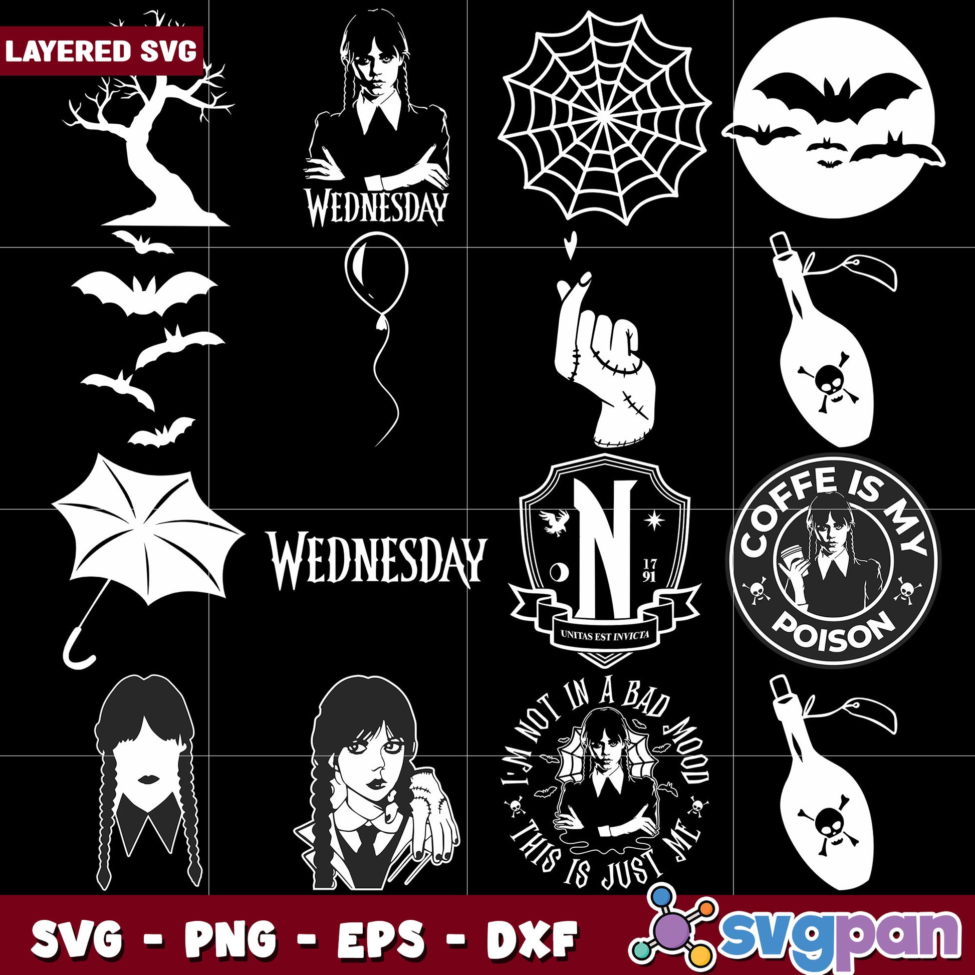Wednesday colorless design svg bundle