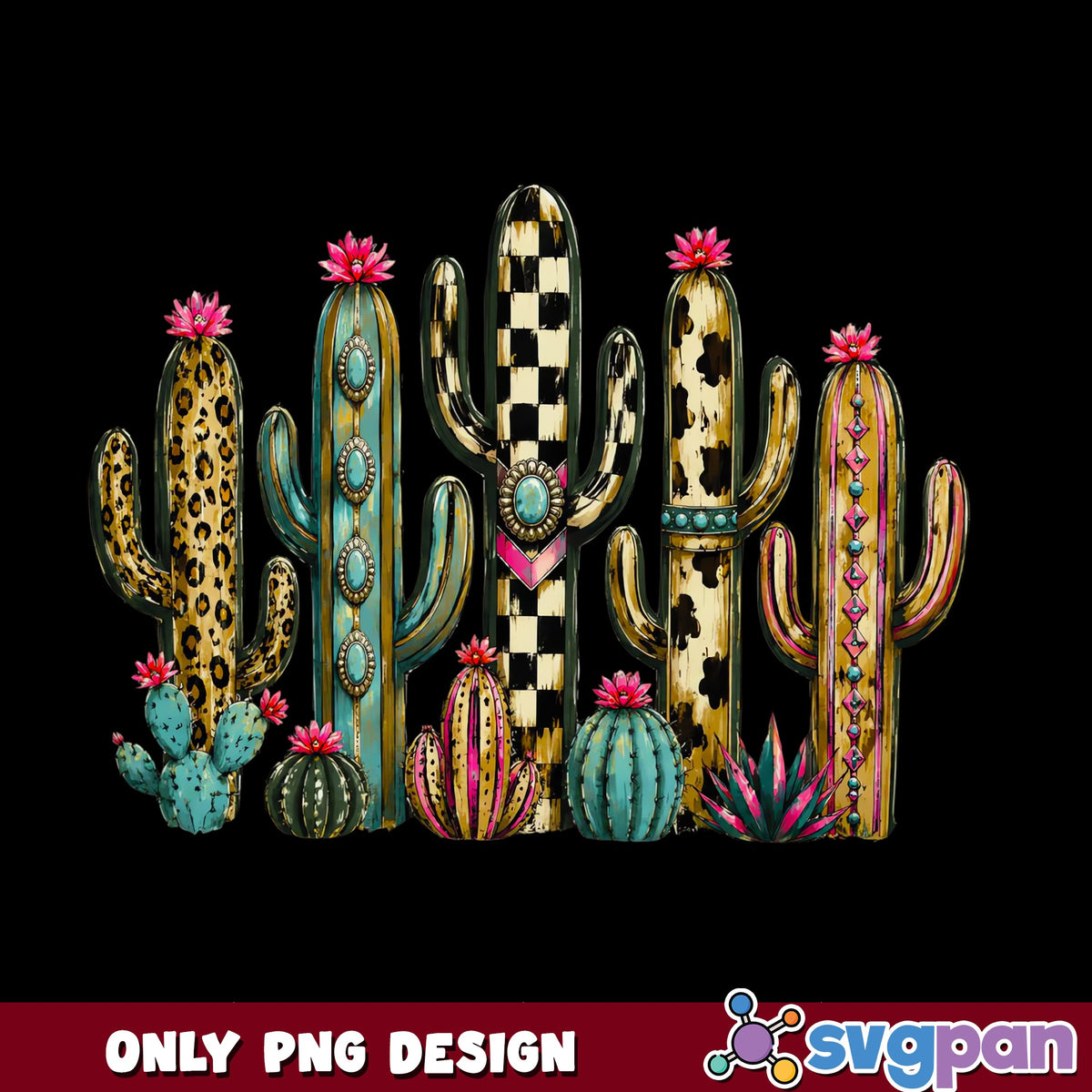 Western Cactus Bundle PNG, Leopard Cow Print Cactus, Boho PNG