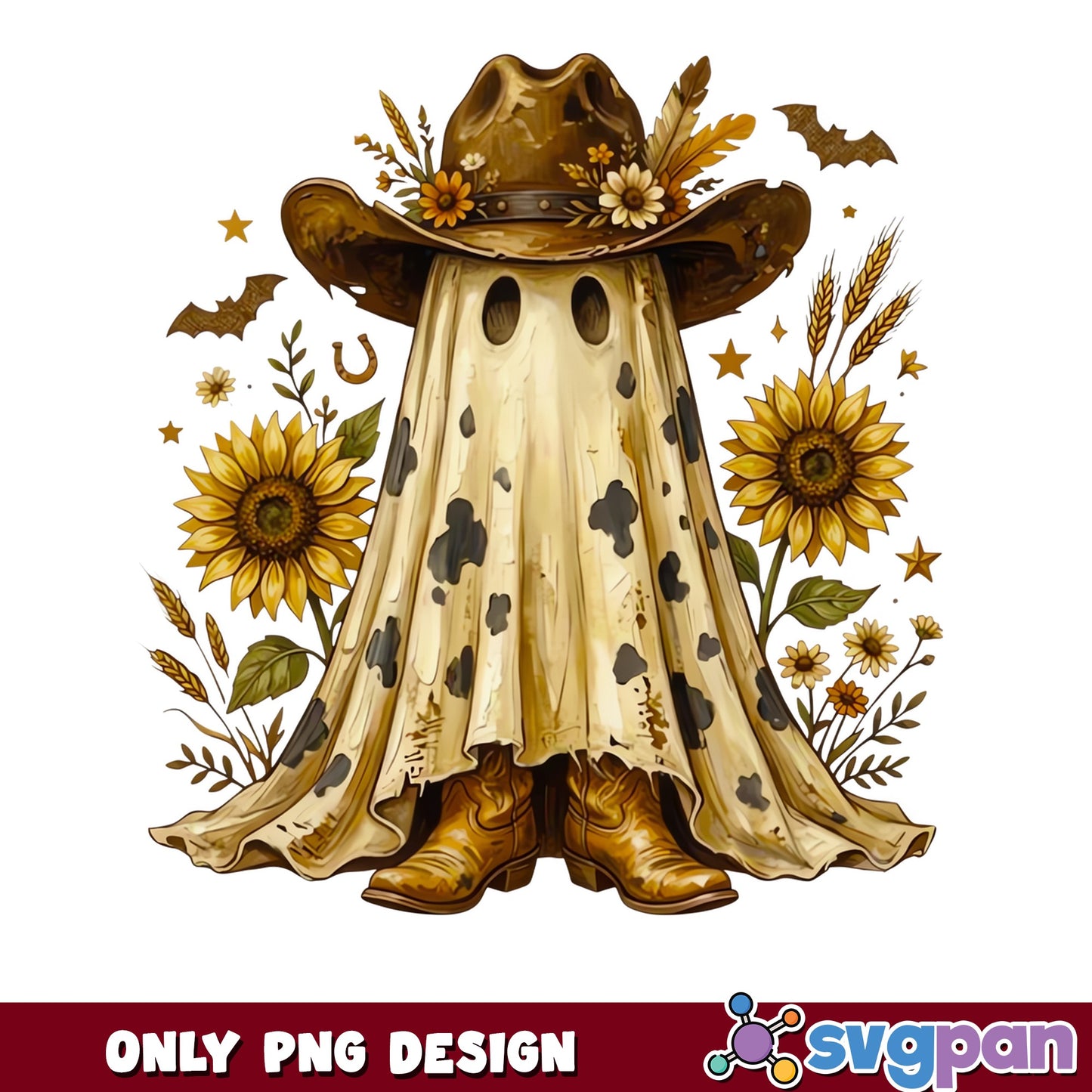 Western Ghost Halloween PNG, Cowboy Ghost Sunflower PNG, Spooky Ghost PNG