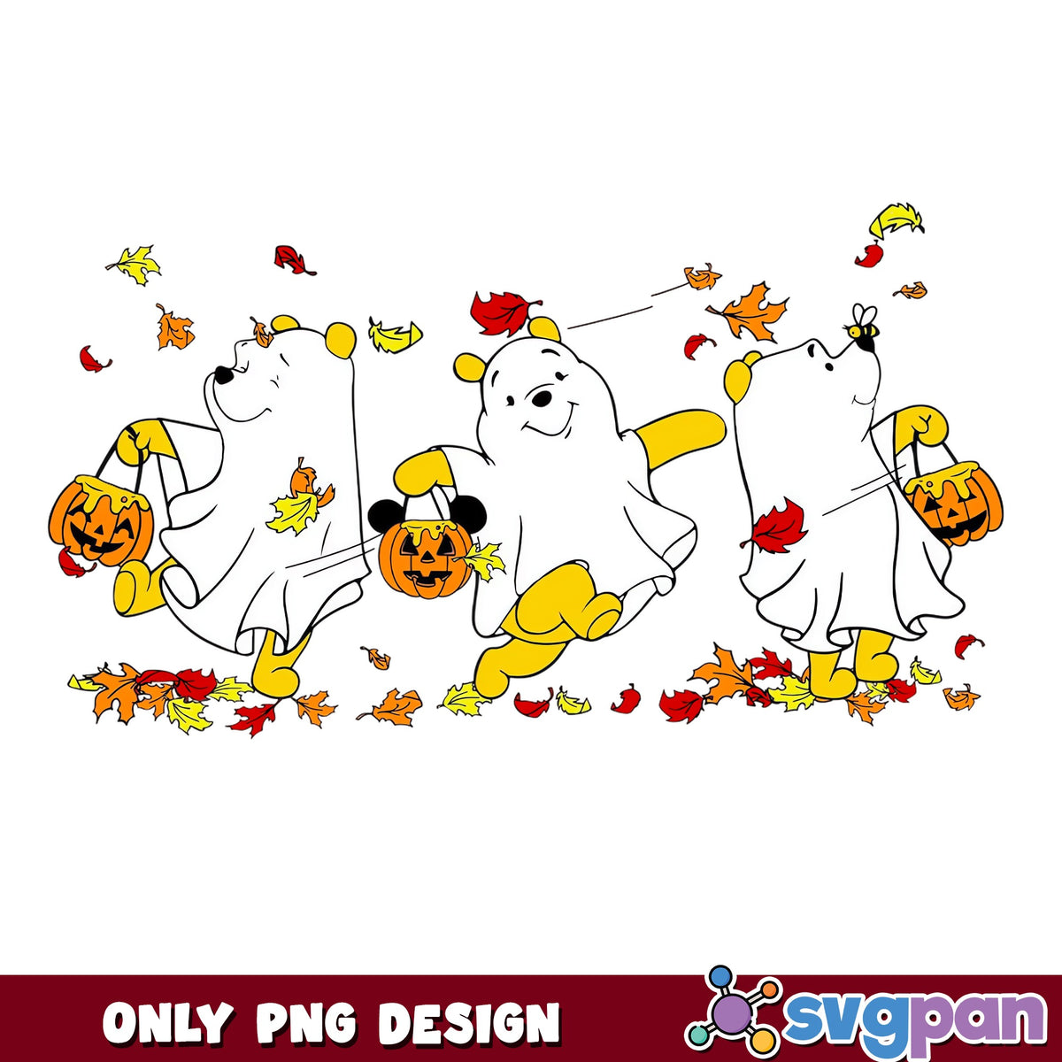 Winnie The Pooh Ghost Halloween PNG, Trick Or Treat Autumn Leaves