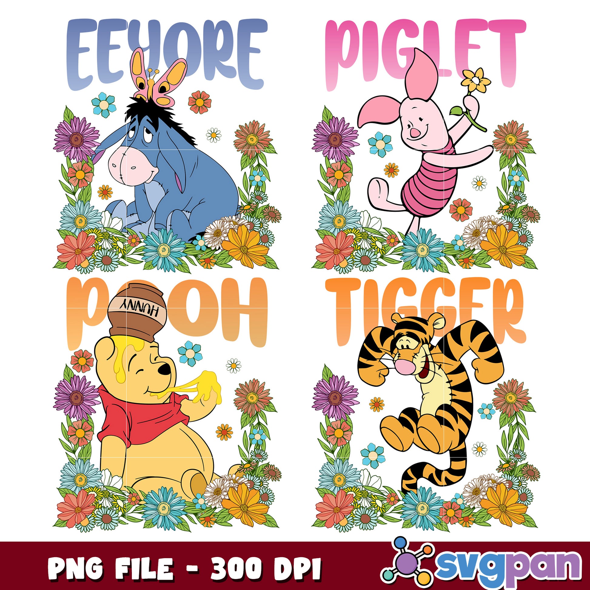 Winnie the Pooh Floral PNG Bundle 300 DPI