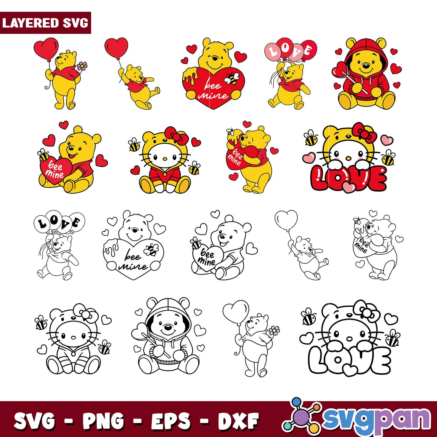 Winnie the Pooh & Hello Kitty Valentine SVG Bundle