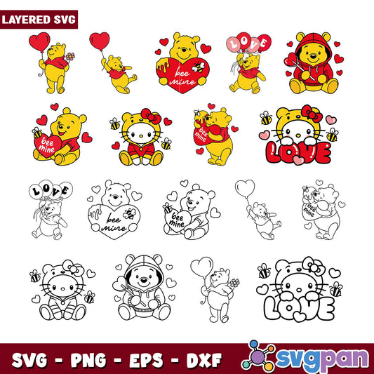 Winnie the Pooh & Hello Kitty Valentine SVG Bundle